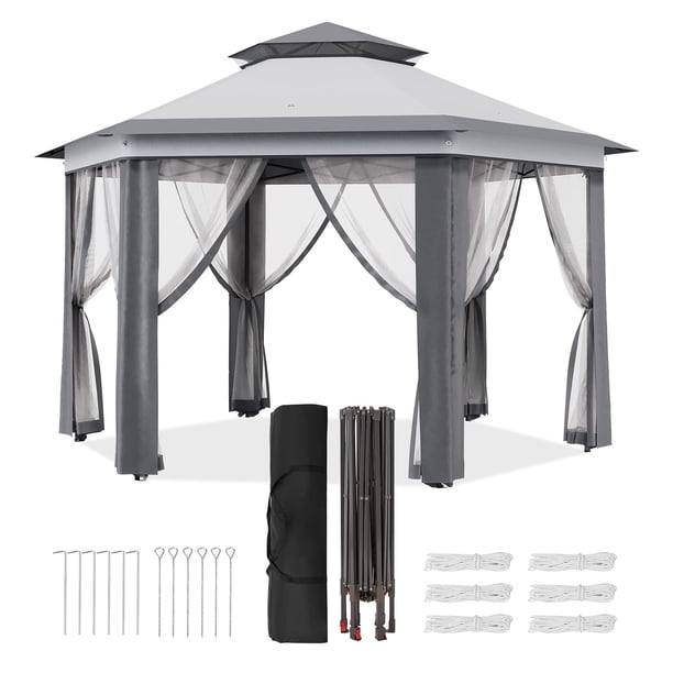 13x13 ft pop - up hexagonal gazebo canopy shelter con 6 zippered mesh netting, event tent con strong steel frame