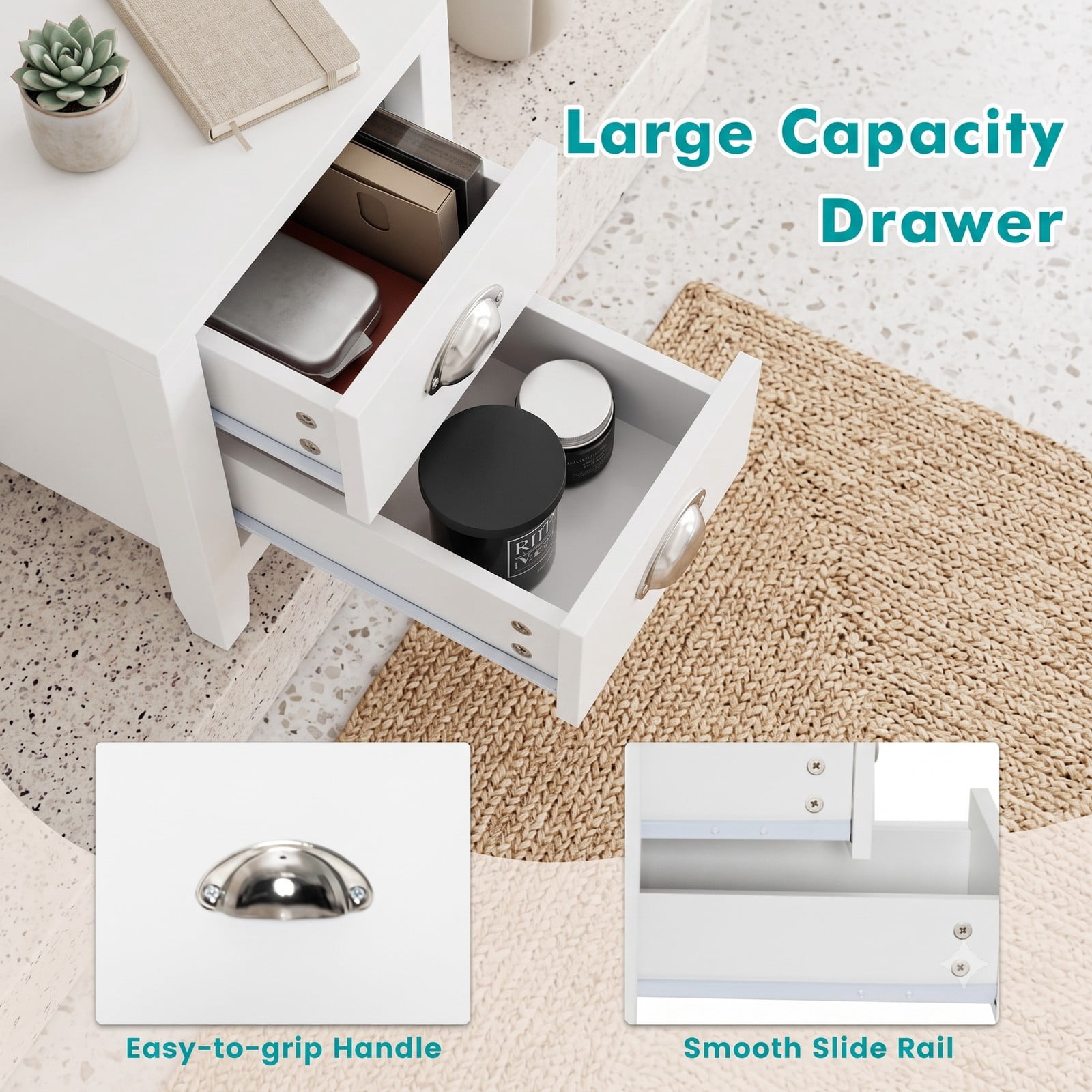 Furnibear Narrow Nightstand with 2 Drawers and Open Shelf Wooden Bedside End Table for the Bedroom and Living Room, White