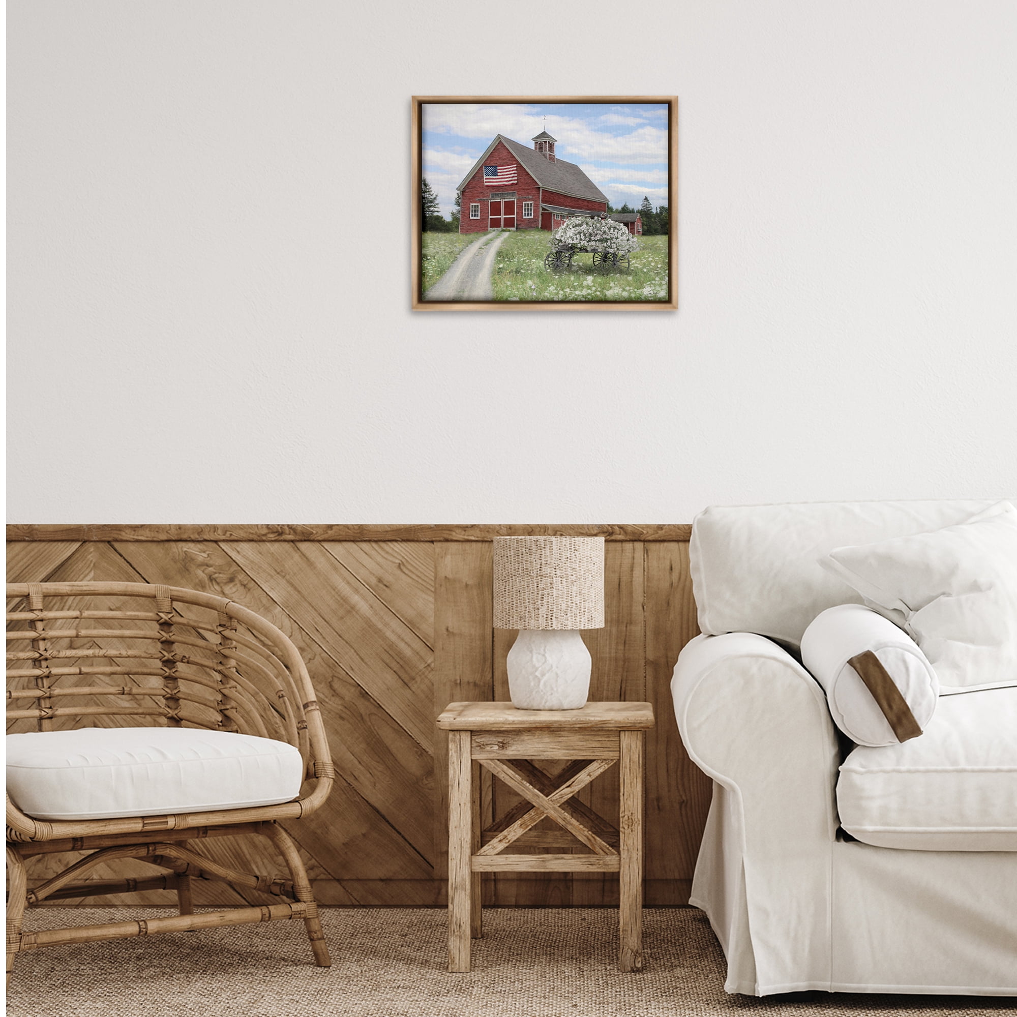 Stupell Industries Barn with Floral Wagon Patriotic Painting Brown Floater Framed Canvas Art Print Wall Art, 21 x 17