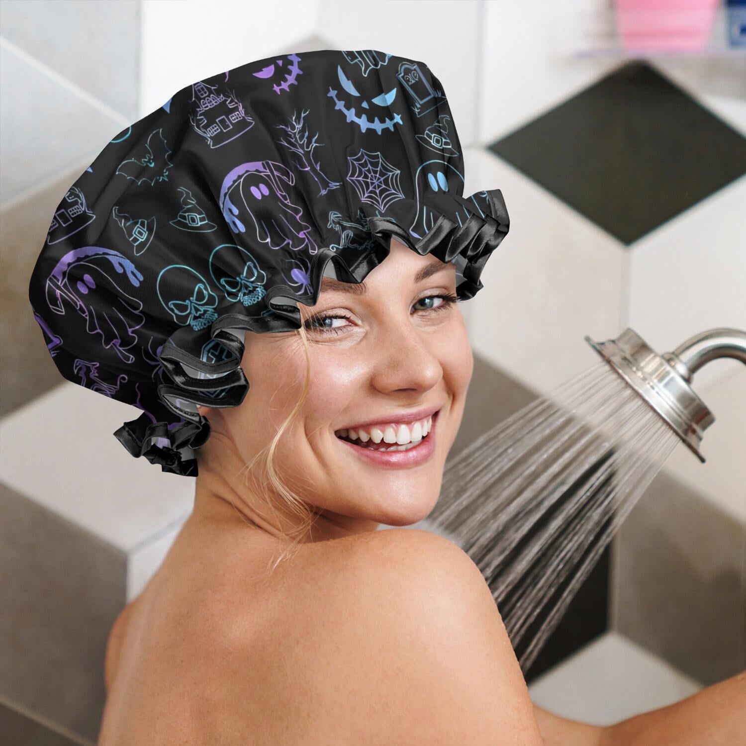 Shower Caps,Black Halloween Ghost Spider Pattern Waterproof Shower Cap for Women 4 Pieces,Double Reusable Hair Cover for Shower PEVA Elastic Stretch Hem