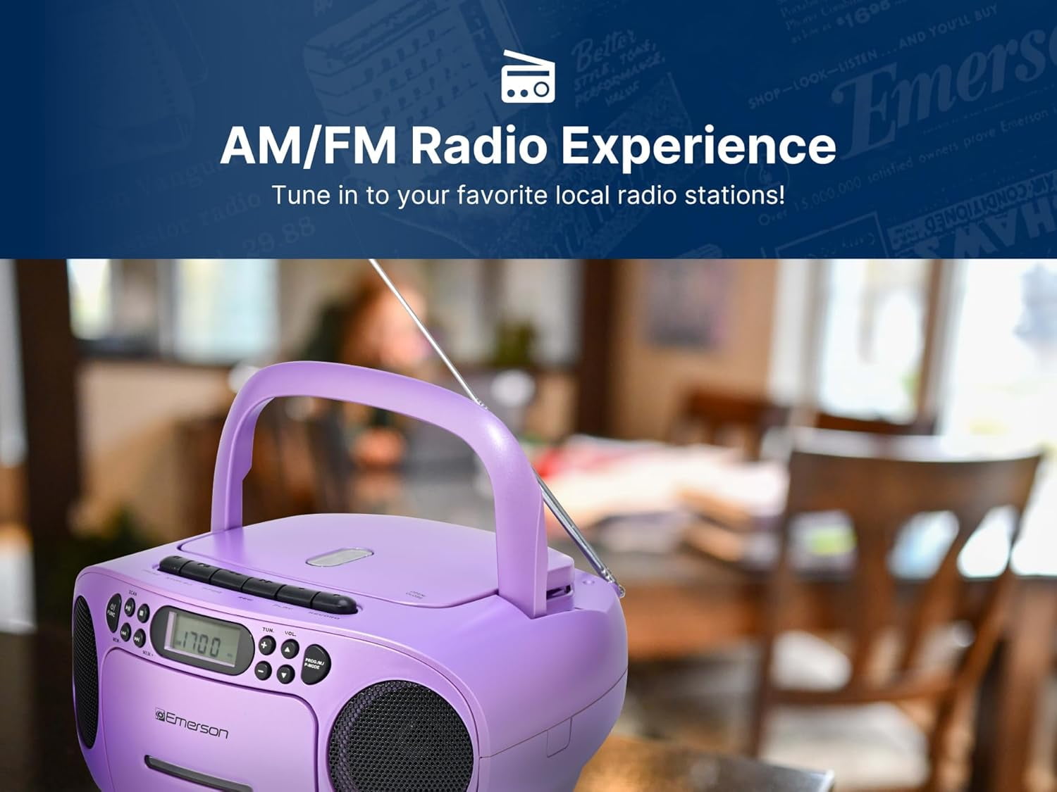 Emerson Portable CD Player Boombox with Cassette Player, AM/FM Radio, Tape Recorder, AUX, Headphone Jack, Dual Speakers, AC/DC & Battery Operated - Stereo System for Home, Indoor & Outdoor Use
