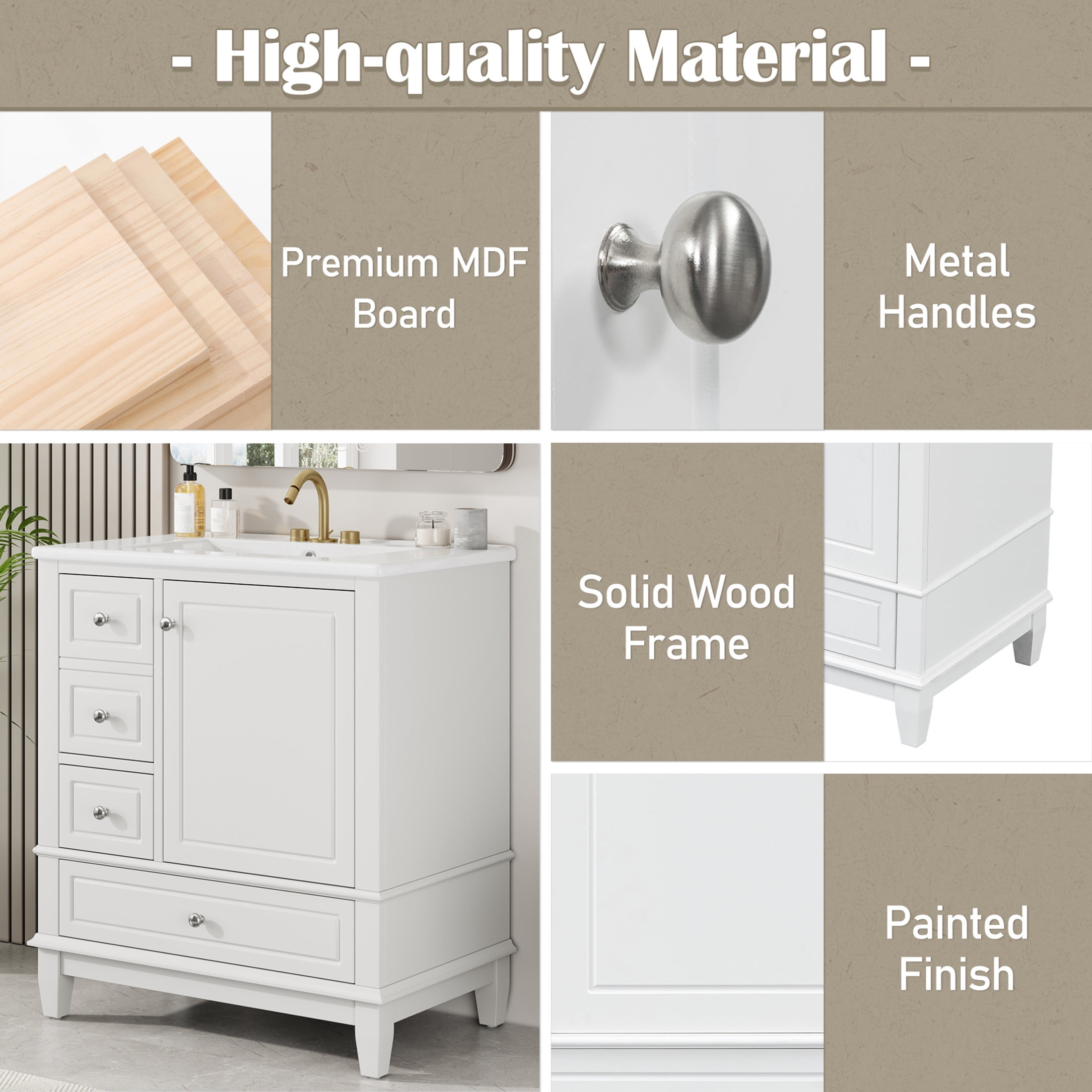 Christopher Knight Home 30" Bathroom Vanity with Ceramic Sink, Multifunctional Storage, Soft Close Door, White