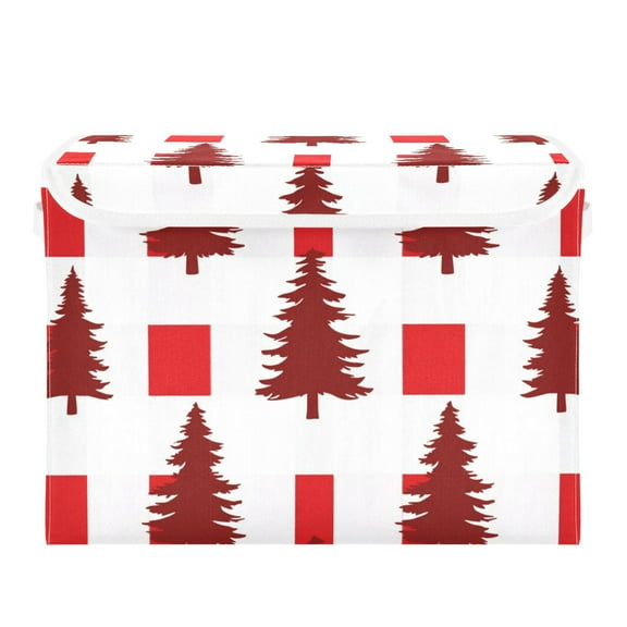 Red Christmas Trees Plaids Foldable Storage Bin with Lid and Handle Collapsible Storage Box 16.5 x 12.6 x 11.8 inches