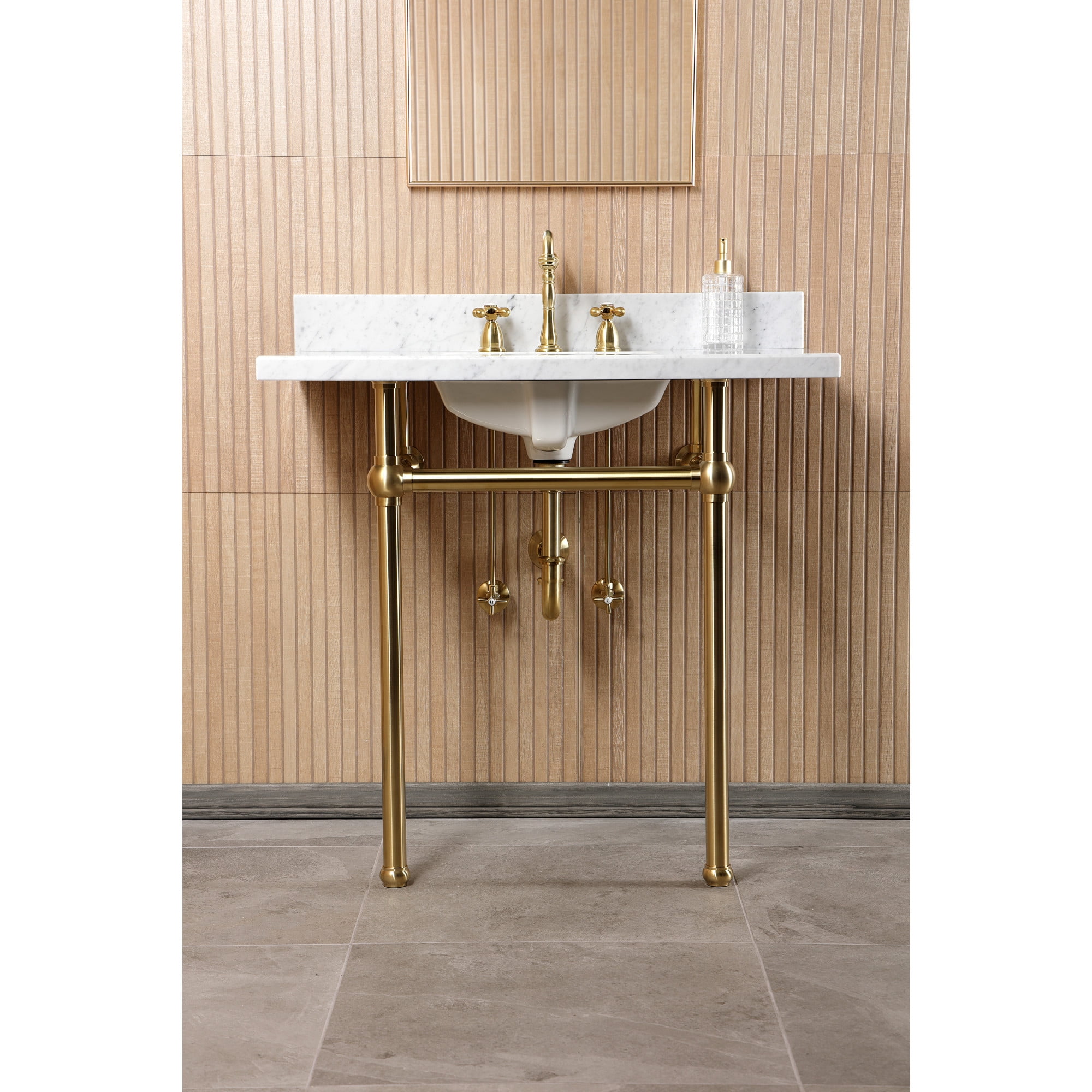 Kingston Brass CKVPB36MBSQ7 Templeton 36" Carrara Marble Console Sink Set with Widespread Bathroom Faucet and Plumbing Trim Kit (8-Inch, 3-Hole), Carrara Marble White/Brushed Brass