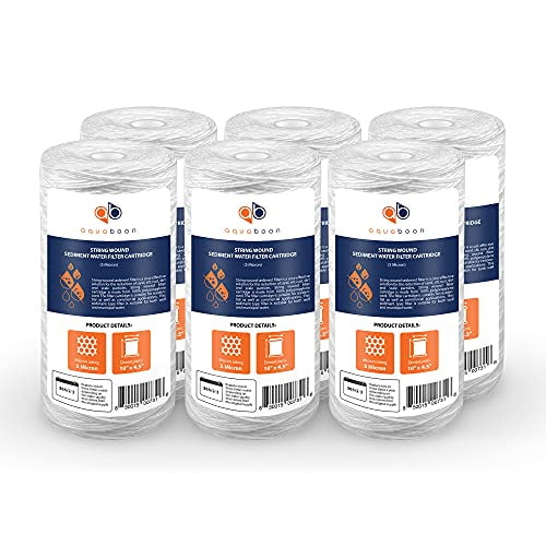 Aquaboon 5 Micron Water Filter 10 x 4.5 inch - String Wound Water Filter for Whole House System - Compatible with 84637, WPX5BB97P, PC10, 355214-45, 355215-45, WP10BB97P, WP5BB97P (6 Pack)
