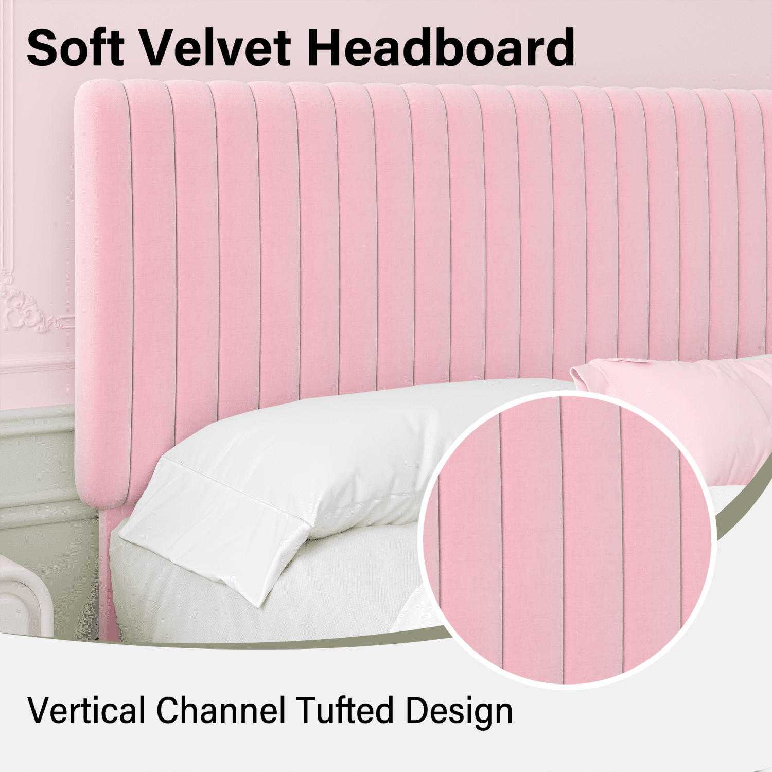 4 EVER WINNER Queen Size Bed Frame, Queen Size Upholstered Platform Bed Frame with Vertical Channel Tufted Headboard, Pink Queen Bed Frame, Pink