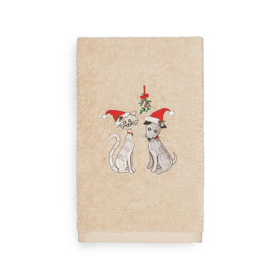 Linum Home Christmas Cat and Dog Embroidered Beige Turkish Cotton Hand Towel