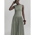 thumbnail image 3 of Green Striped Sleeveless Ruched Waist A-Line Maxi Dress, Casual Elegant Long Dress for Women, 3 of 6