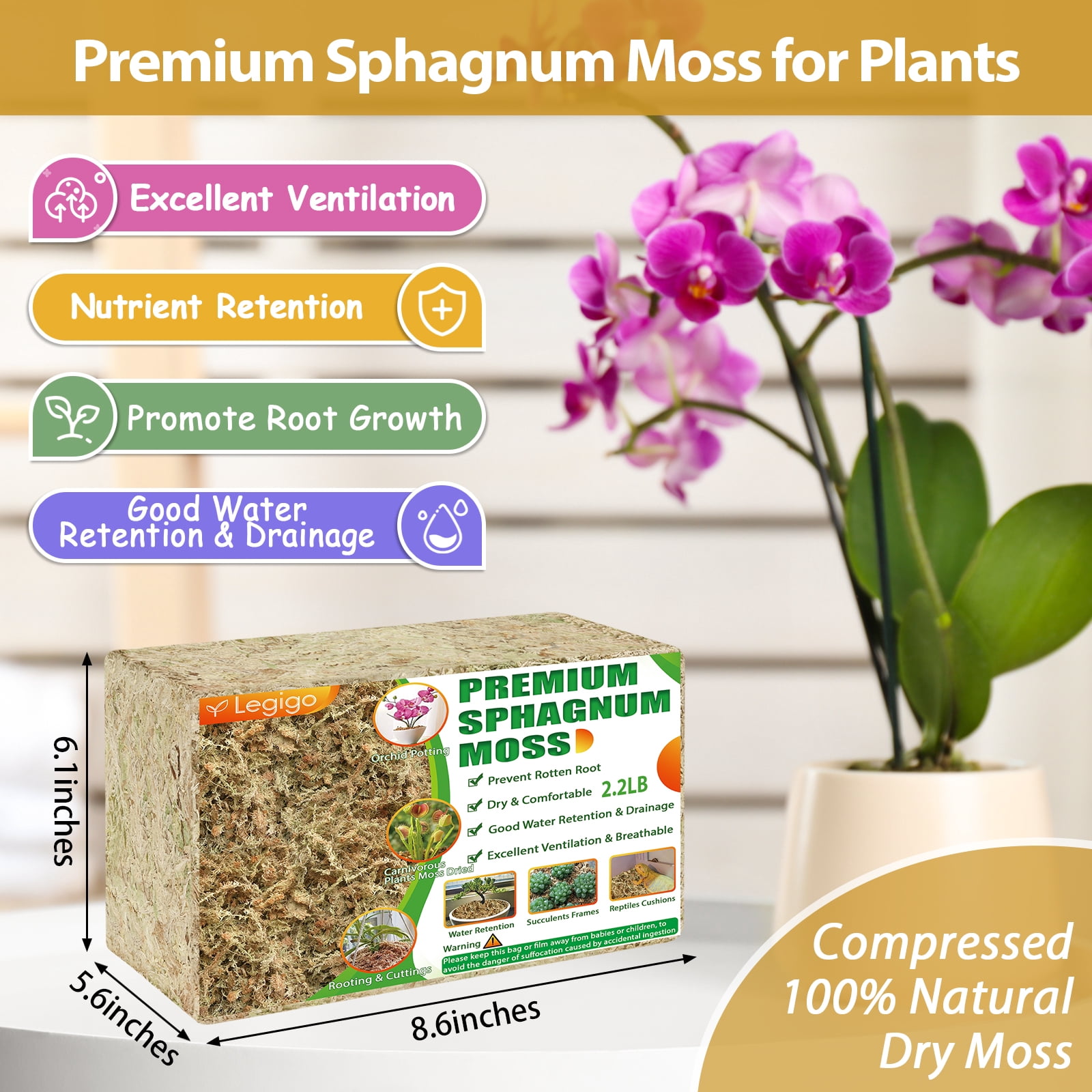 2.2LBS Premium Sphagnum Moss for Plants- 40QT Natural Succulent Carnivorous Plant Moss Dried, Long Fiber Orchid Moss for Orchid Repotting Succulent Sarracenia Potted Plants Gardening & Reptiles
