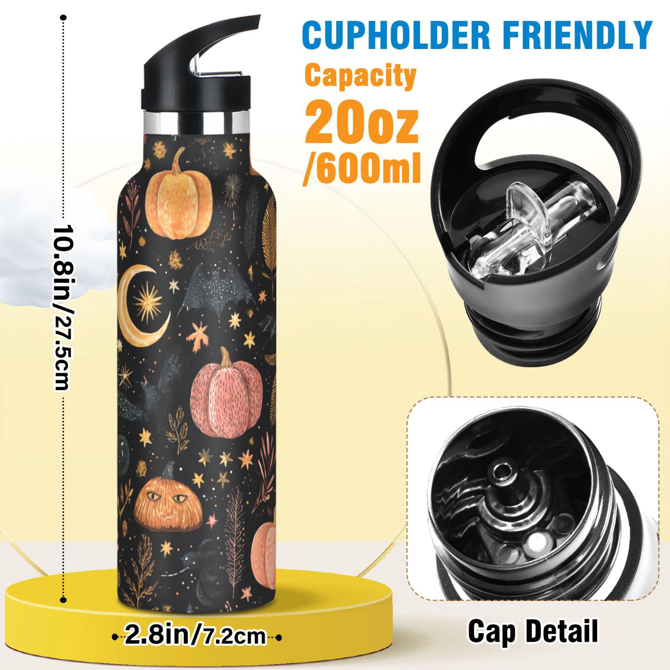 600ML Stainless Steel Insulated Cup Sports Water Bottle Portable Thermos Cup Water Glasses Insulated Tumblers Convenient and Durable Halloween Pink Pumpkin