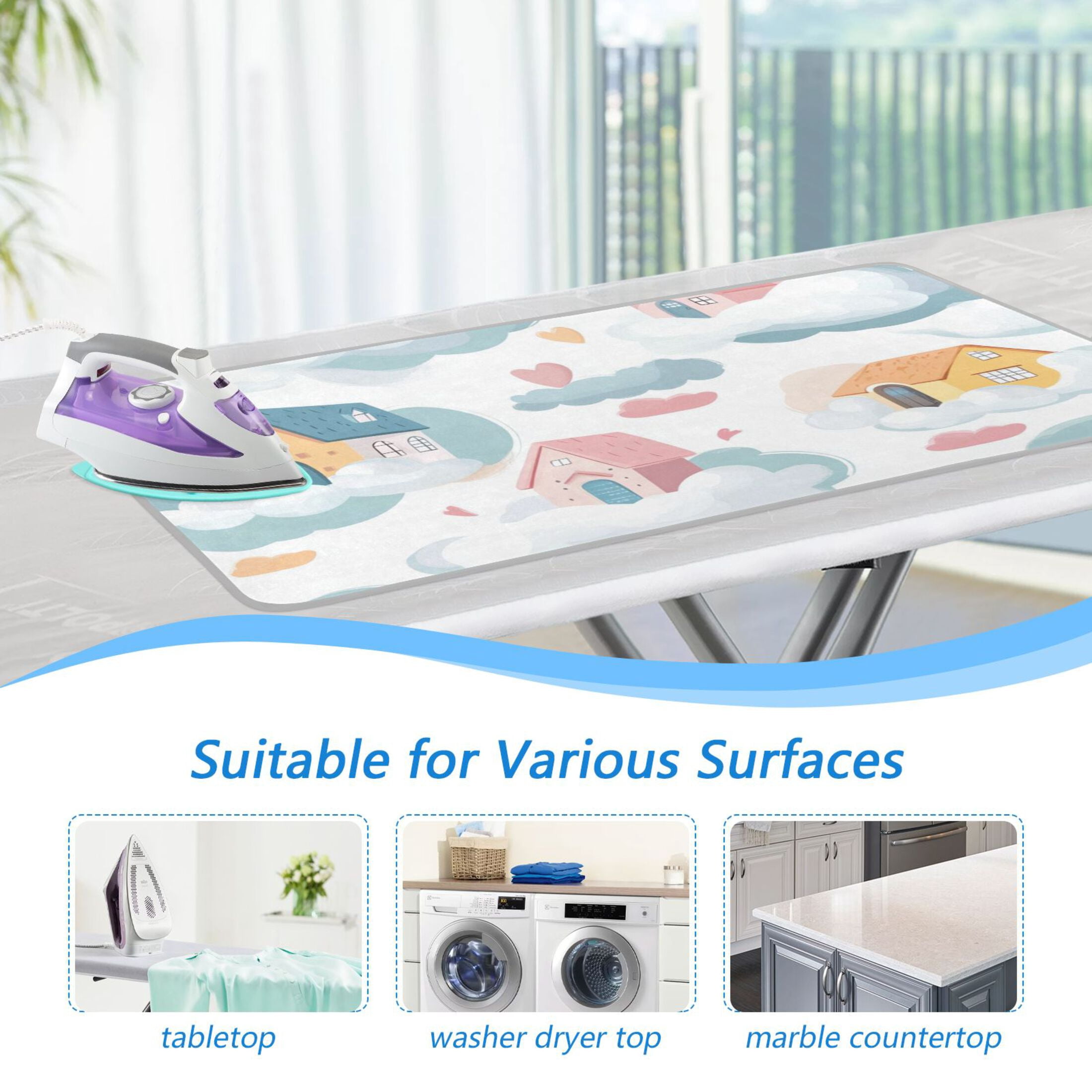 Cute Houses in The Clouds Hearts Ironing Mat Blanket Portable Travel Ironing Pad Heat Resistant Pad 47.2" x 27.6”