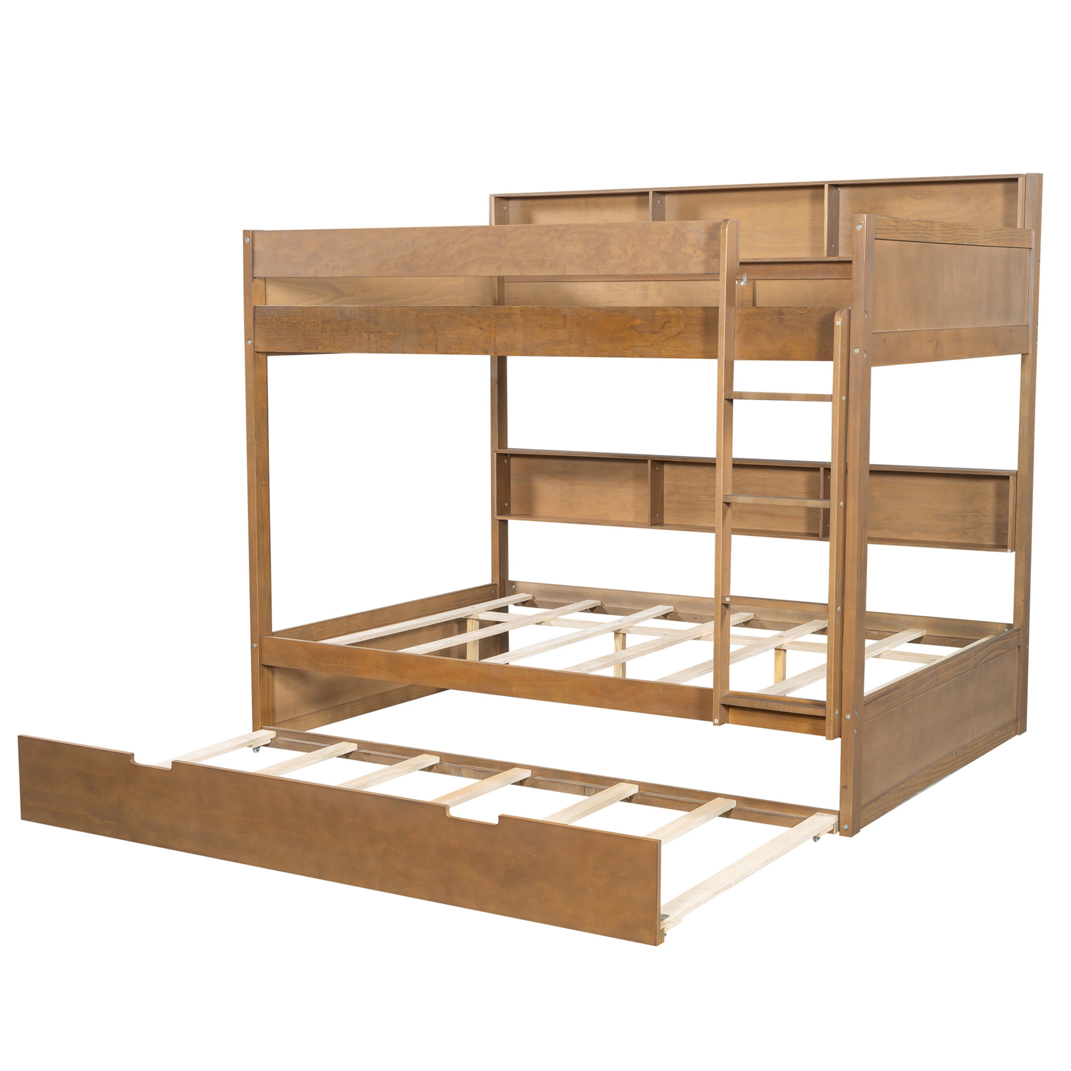 Noble House Erika Full over Full Bunk Bed with Pull-out Trundle and Integrated Storage Shelves, Antique Wood
