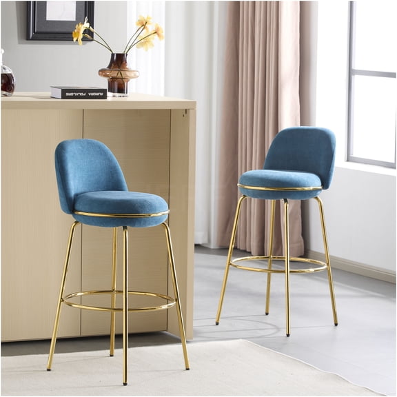 JERFIT Modern Blue and Gold Bar Stools Set of 2 for Kitchen Island, Upholstered Counter Height Stools with Low Back and Footrest