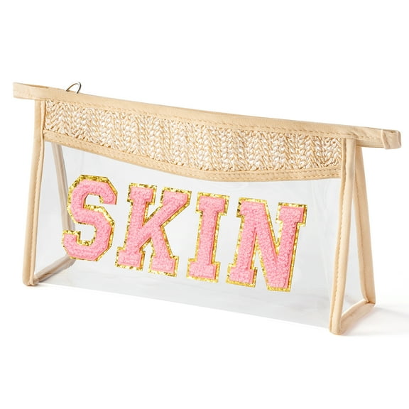SKIN Makeup Bag Beige Straw Triangle Bag for Women&Girls, Large Storage Bag Transparent Toiletry Bag for Travel