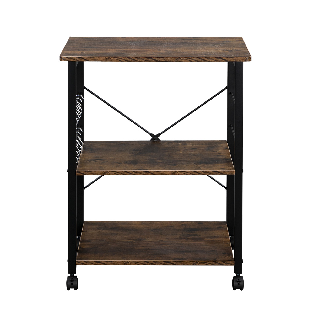 3-Tier Microwave Oven Rack with 10 Hooks and 4 Wheels, Retro-Style Movable Kitchen Storage Cart, Black and Walnut, 23.62 x 15.75 x 29.13 in
