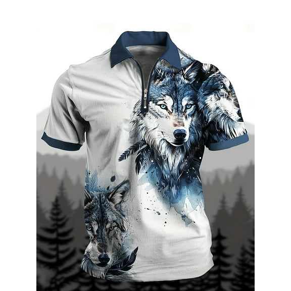 Men's Short Sleeve Polo Shirts 1/4 Zip Quick Dry Golf Polo Shirt Summer Outdoor Lightweight Short Sleeved Shirts White wolf L