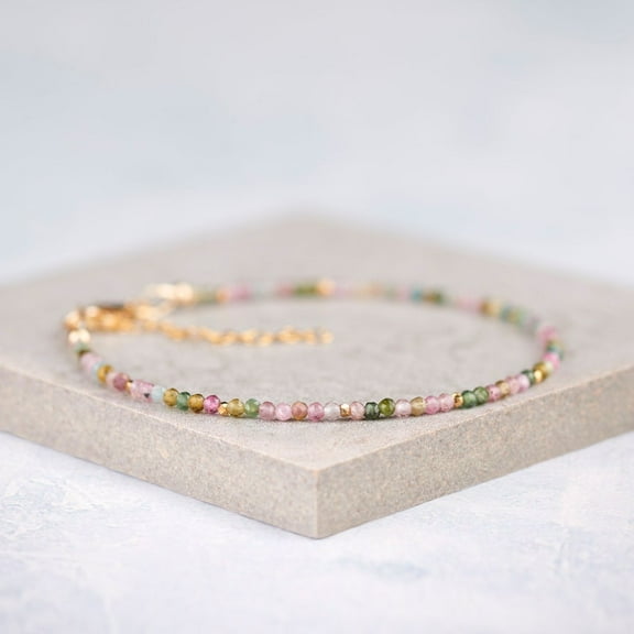 Watermelon Tourmaline 2mm Round Shape Faceted Cut Beads 7 inch Adjustable Gold Plated Clasp Bracelet for men, women, unisex. Link Chain Stacking Bracelet.|LINK_06641