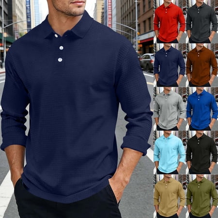 BiZtdJrK Brown Men s Polos Shirt Solid Color Long Sleeve Collared Sweaters Tops Casual Fashion Textured Golf Dress Shirts M