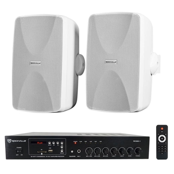 Rockville 60w Commercial/Restaurant Amplifier Amp (2) White 5.25" Wall Speakers