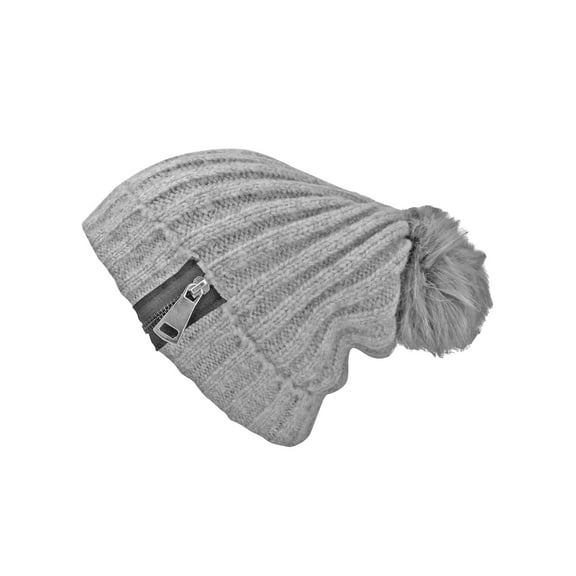 Gray Fur Lined Knit Pom Pom Beanie Hat With Zipper