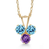Gem Stone King 14K Yellow Gold Swiss Blue Topaz and Purple Amethyst 3-Stone Pendant Necklace for Women (0.40 Cttw, Gemstone November Birthstone, Round 3MM, 18 inch Chain)
