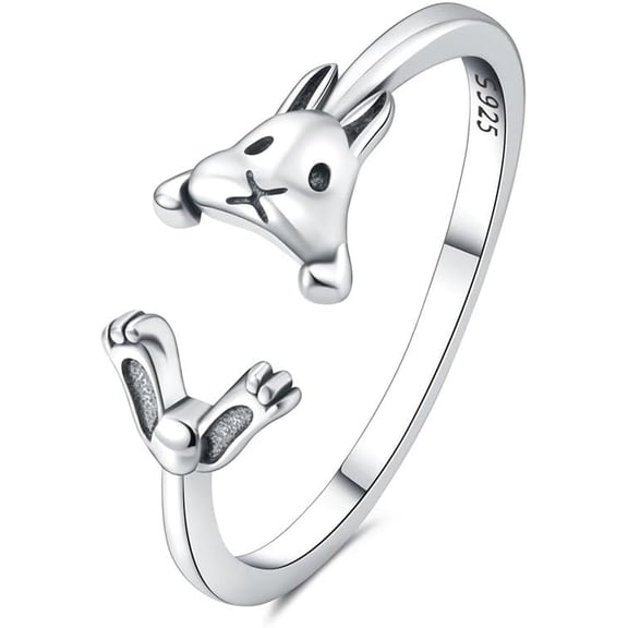 Cute Rabbit S925 Sterling Silver Open Rings For Women Funny Animal Bunny Stacking Adjustable Knuckle Tail Middle Statement Finger Band Comfort Fit Lovely Christmas Jewelry Gifts Birthday Daughter Bff