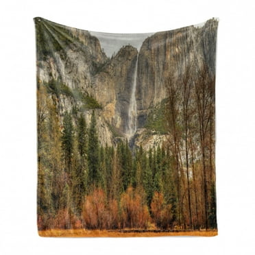 Yosemite Soft Flannel Fleece Blanket, Yosemite Falls Trees Mountain Cliff Autumn National Park California Nature Print, Cozy Plush for Indoor and Outdoor Use, 60" x 80", Orange Green, by Ambesonne