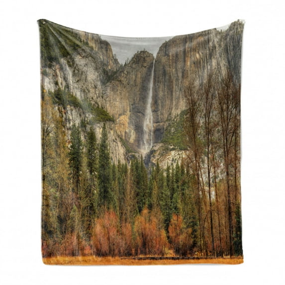 Yosemite Soft Flannel Fleece Blanket, Yosemite Falls Trees Mountain Cliff Autumn National Park California Nature Print, Cozy Plush for Indoor and Outdoor Use, 70" x 90", Orange Green, by Ambesonne