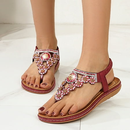 

Ladies Strap Flat Sandals Summer Boho Rhinestone Dress Shoes Comfort Open Toe Elastic Ankle Strap Strapless Sandals Roman Sandals