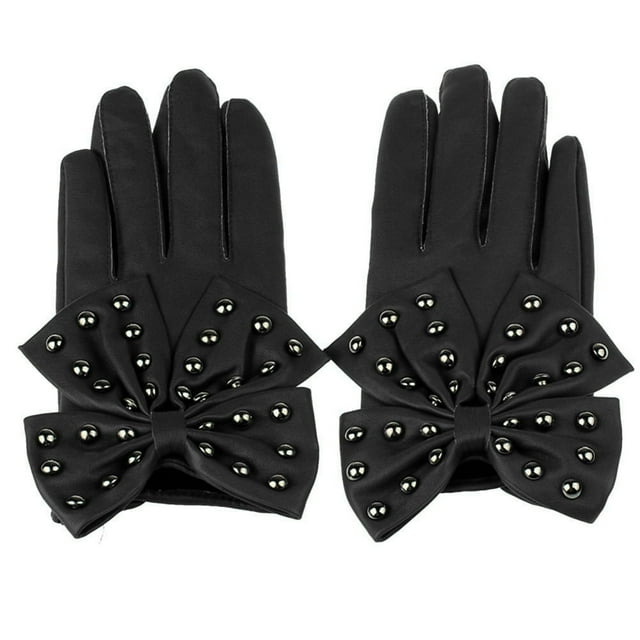 MesaSe Motorcycle Women Rivets Bow Solid Color Faux Leather Gloves Full Finger Mittens