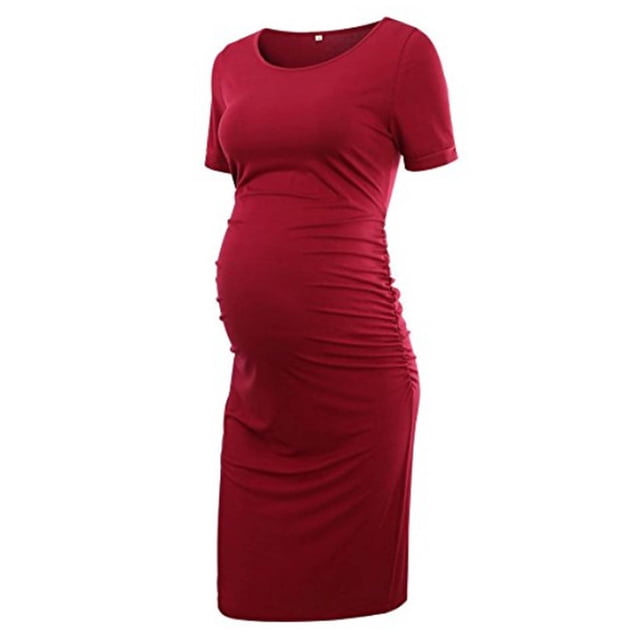 TIMIFIS Robe de Maternité Rouge à Manches Courtes pour Femme, Fronces Latérales, Vêtements de Maternité, Robe Moulante Décontractée d'Été, Tenue Quotidienne, Mini-Robe Unie - Printemps/été