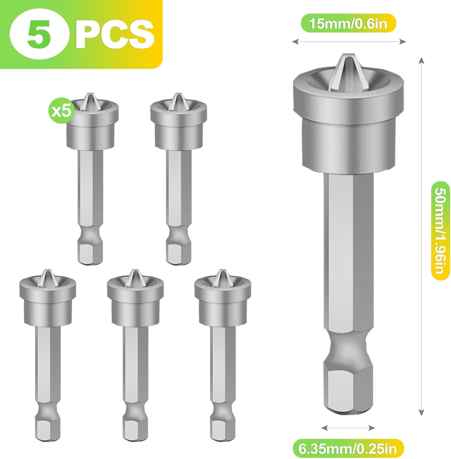 MKEUDQ-5 Pack 50mm Magnetic Drywall Screw Setter Bit Set Depth Stop Screwdriver Bits with Hex Shank for Drill and Impact Driver Accurate Positioning Magnetic Dimple Bit for Drywall Installation
