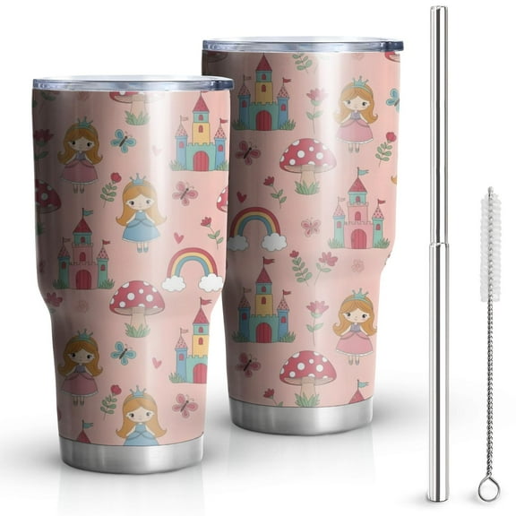 30oz Princess Mushroom Castle Pattern Tumblers Stainless Steel Tumbler with Lid and Straw,Vacuum Insulated Double Wall Travel Tumbler Cups Mug with Cleaning Brush for Coffee,Tea