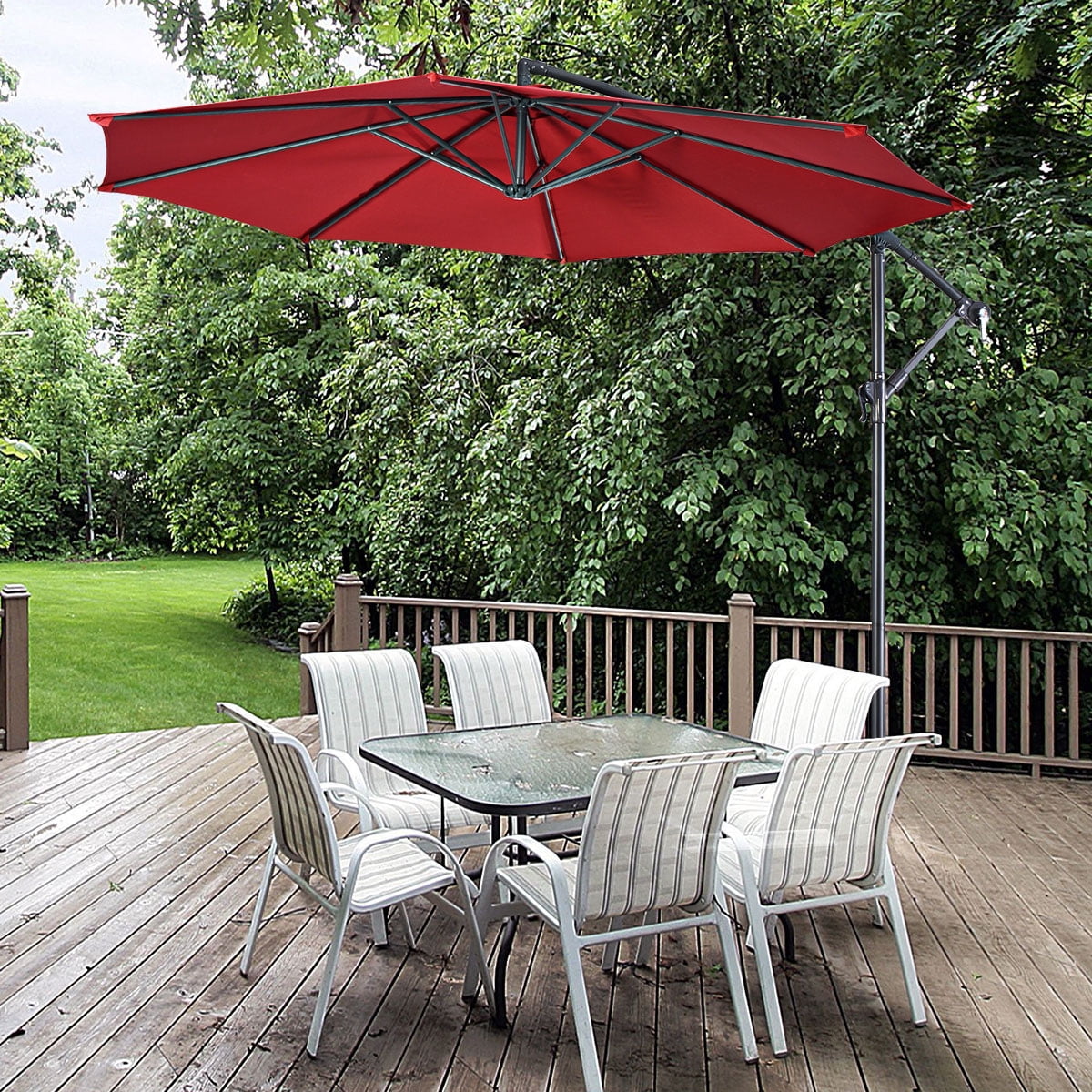 Costway 10' Hanging Umbrella Patio Sun Shade Offset Outdoor Market W/t Cross Base Burgundy
