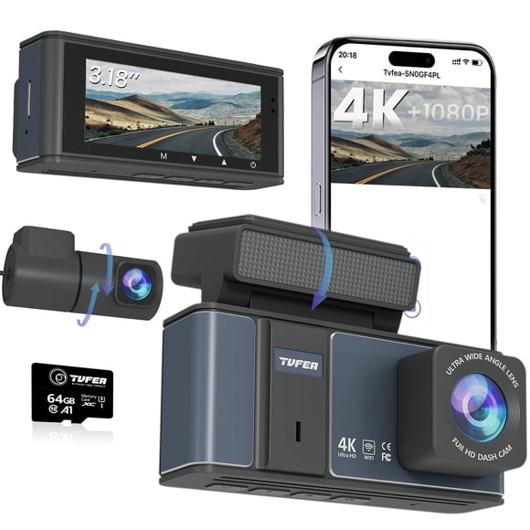Caméra Dashcam avant et Arrière, TVFEA Dash cam 4K, Double Caméra Dash pour Voitures avec Wi-Fi, Écran LCD 3,18 Pouces, Carte 64 Go, Contrôle par Application, Vision Nocturne, WDR, Sh Métallique