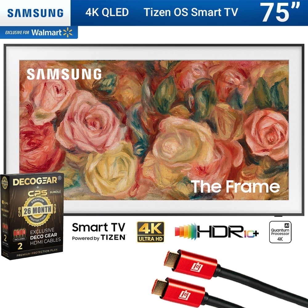 Samsung QN75LS03DA 75 inch The Frame QLED 4K Smart TV 2024 Bundle w/ Deco Gear 4K HDMI 2.0 Cable w/ Pure Copper Conductors x2 & CPS Exclusive 26 Month Protection Pack
