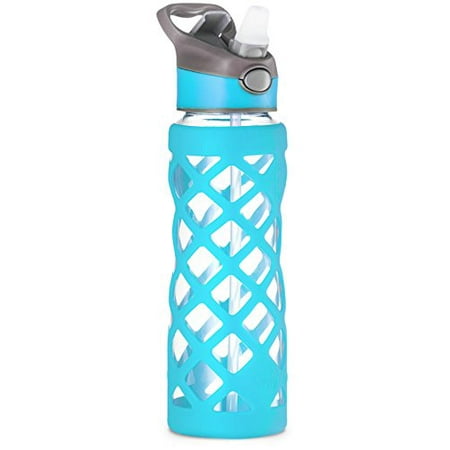 Blue Glasses Drinking Swig Savvy 25oz Glass Water Bottle - Protective Silicone Sleeve With 3 Interchangeable Leak-proof Caps . Sleek, Durable & Stylish – PBA Free – Break Resistant Borosilicate Glass - Blue ()