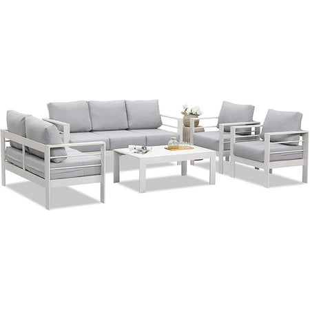 Superjoe 5 Pcs Outdoor Aluminum Furniture Set Patio Sectional Sofa Conversation Set with Table 7 Seats White
