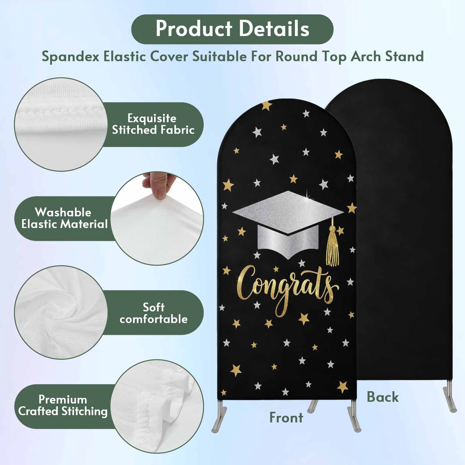 Congratulate Graduate Season Arch Backdrop Cover 7.2 FT Graduation Hat Golden Sliver Star Black Stretchy Arch Stand Covers Spandex Arched Background Birthday Wedding Party Decoration (No Stand)