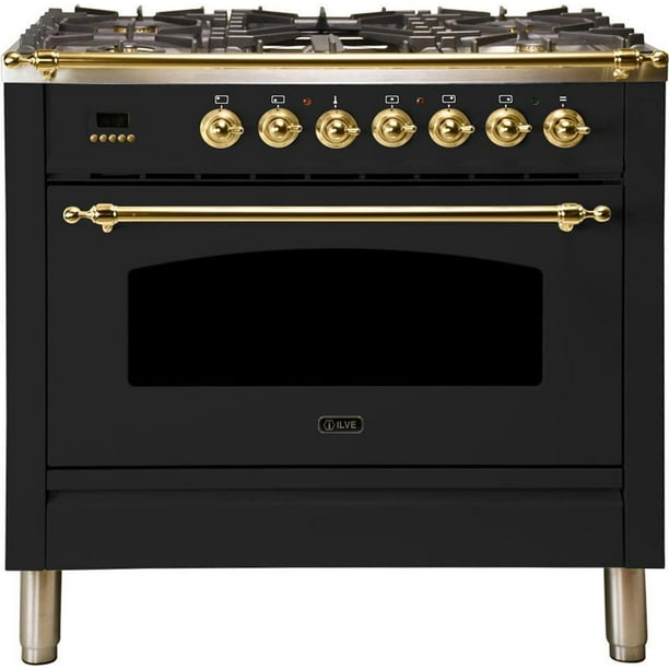 Ilve Upn90fdmpn Nostalgie Series 36 Inch Dual Fuel Convection Freestanding Range 5 Sealed Burners 3 55 Cu Ft Total Oven Capacity Glossy Black Brass Trim Natural Gas Walmart Com