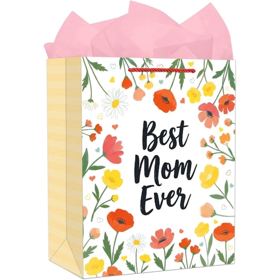 WaaHome Happy Mothers Day Gift Bags - 11.5'' Large Mother's Day Gift Bag for Mom Grandma Daughter Sister, Reusable Boho Flower Mom Wrapping Paper Bag with Tissue Paper and Handle