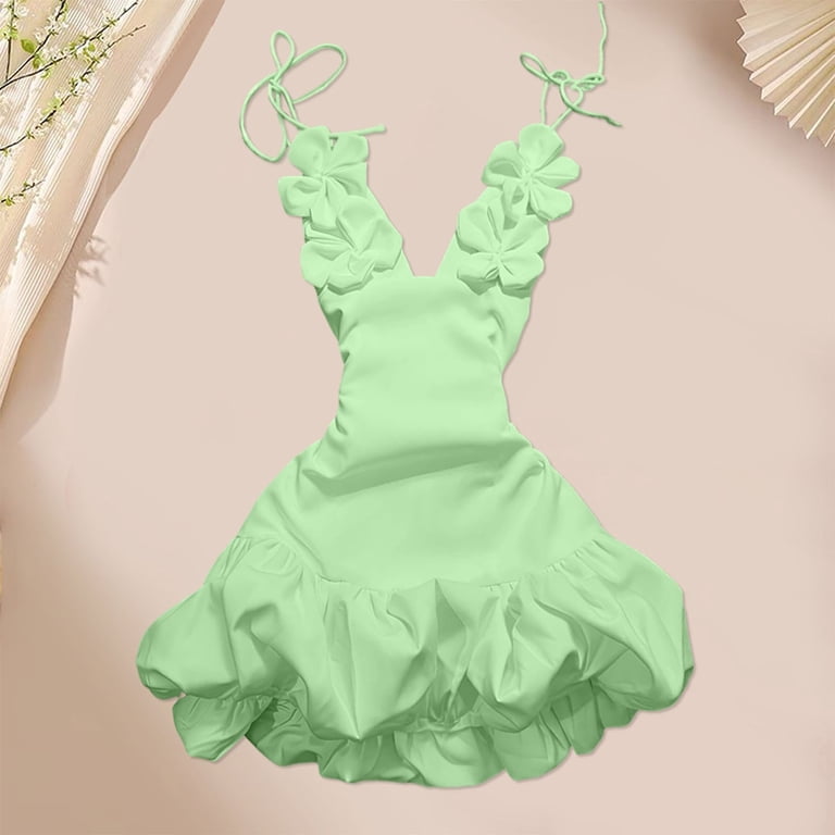 IWRICH Women's Spaghetti Strap Bodycon Dress 3D Floral Pleated Ruffle Hem Mini Dress for Nightclub Light Green L