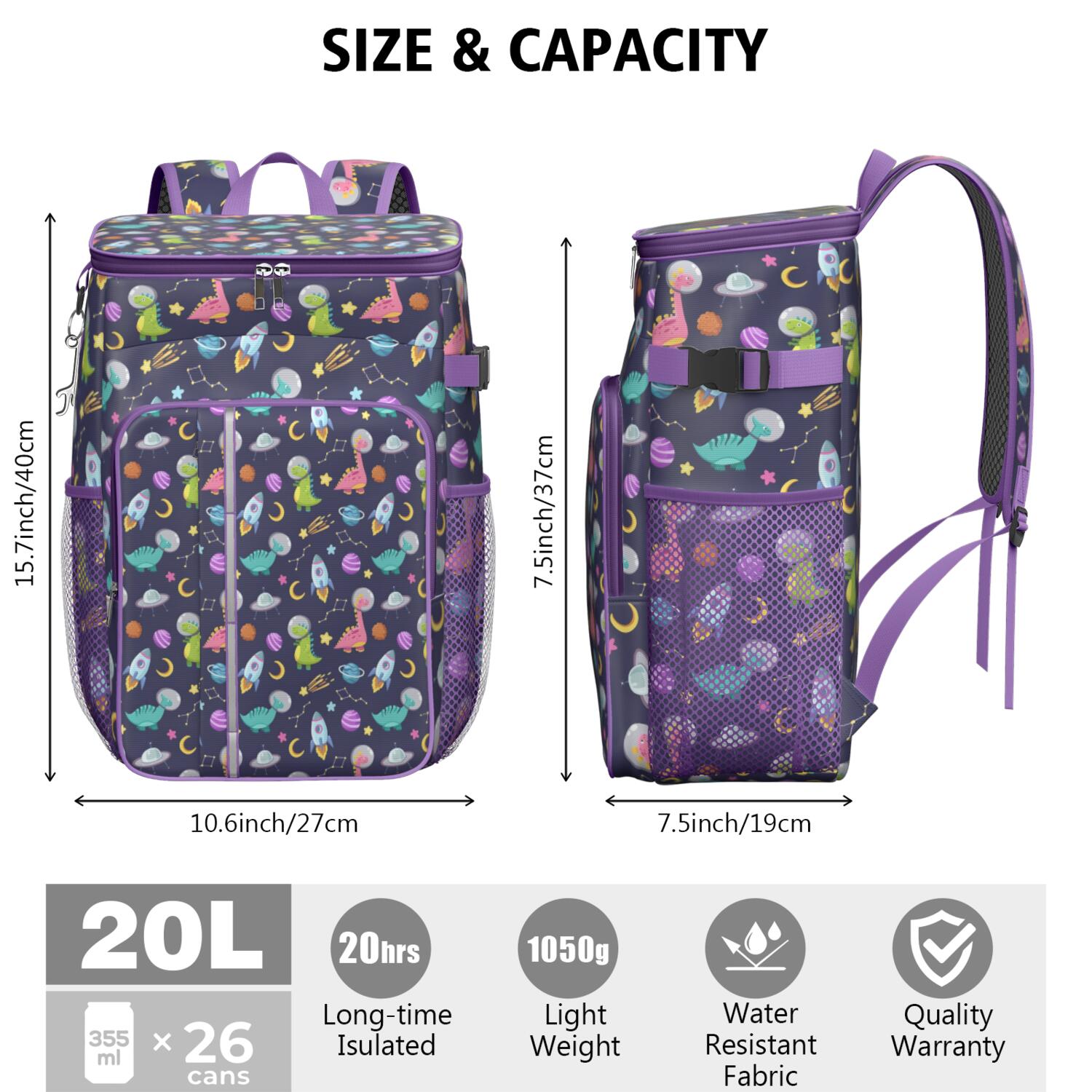 Travel Cooler Bag - DarkBlue Cartoon Dinosaurs Space Rockets Pattern Camping Beer Cooler Backpack with Bottle Opener- Waterproof Insulated Picnic Backpacks - Cooler Bag for Beach