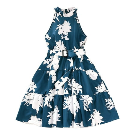 

AOMPMSDX Little Girls Dresses Summer One Line Neck Sleeveless Flowers Summer Leisure Sunshine Swing Party Dresses