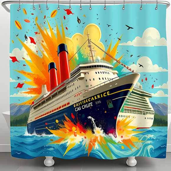 Vibrant Ocean Liner Shower Curtain - Majestic 'Britannic Carice' with Colorful Splashes & Birds - Perfect Decor for Your Bathroom