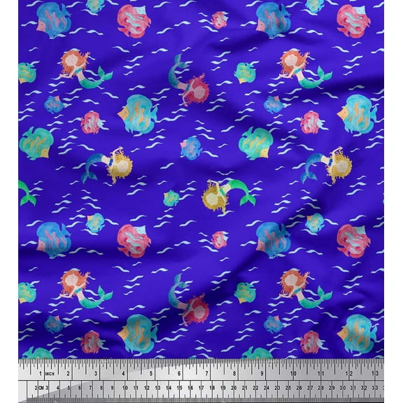Soimoi Blue Cotton Duck Fabric Mermaid & Starfish Ocean Printed Craft Fabric by the Yard 44 Inch Wide