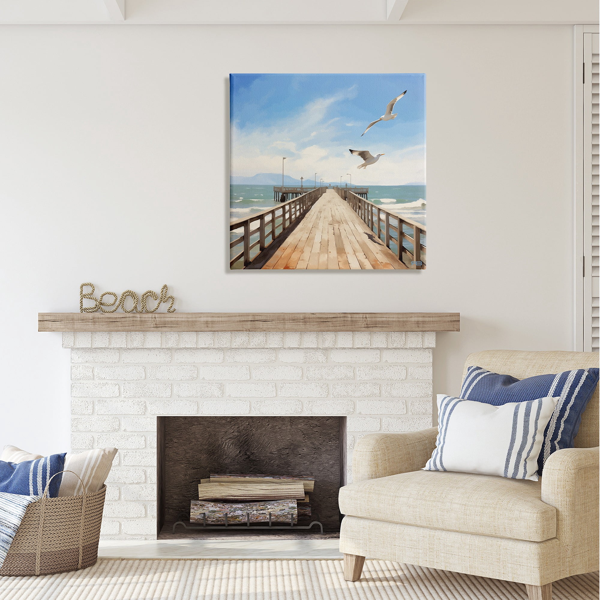 Stupell Industries Seagulls over Pier Landscape Painting Gallery Wrapped Canvas Art Print Wall Art, 30 x 30