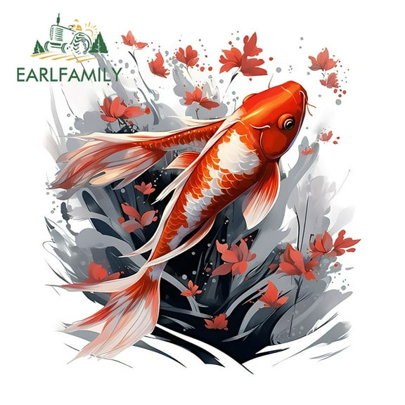 EARLFAMILY 5.1 Inch Japanese Fish with Wave Car Sticker Scratch-Proof Refrigerator Skateboard Motorcycle Sunscreen JDM Decal Personality Car Goods
