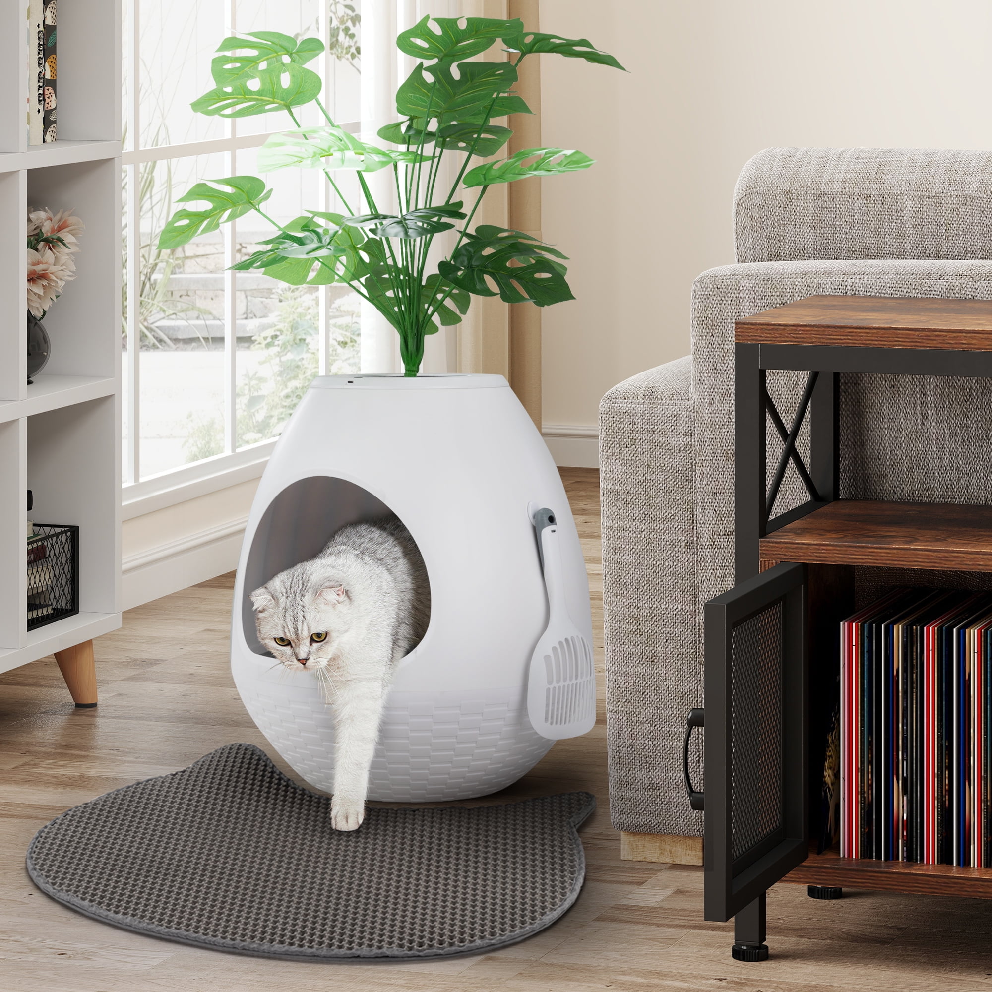 Jaxpety Large Smart Plant Litter Box with Deodorization System, Artificial Plants,5 Cat Litter Bags,Light,Cat Litter Mat,Scoop,White