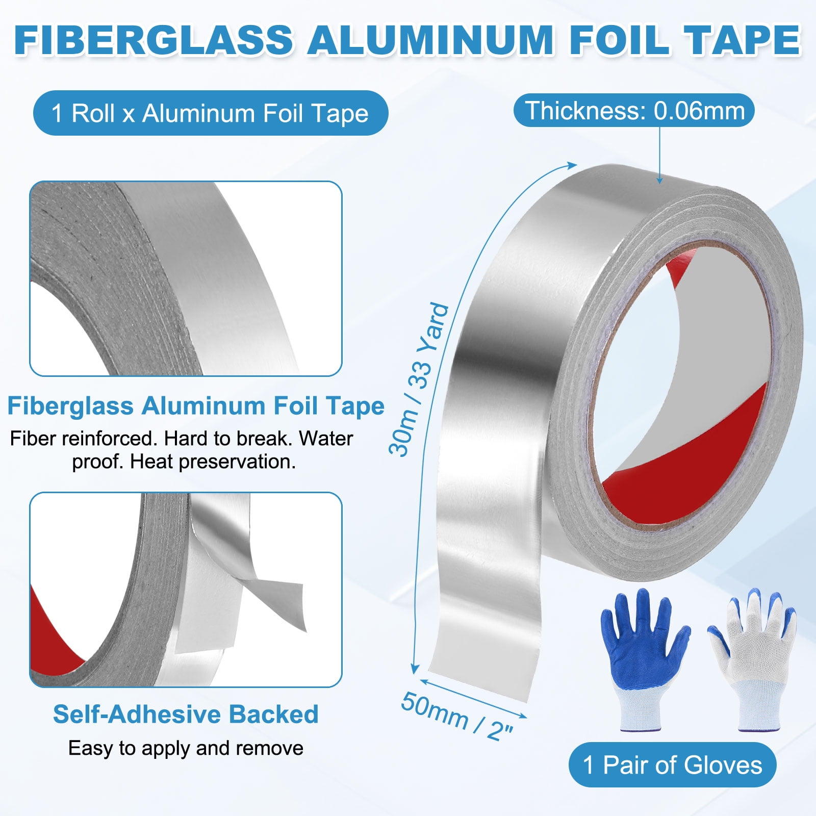 Uxcell 1 Pack Aluminum Foil Tape, 33 Ftx2inx2.4mil Heavy Duty HVAC Tape Metal Duct Tapes Heat Resistant Tape Insulation Tapes with Gloves for Air Ductwork, Dryer Vent, HVAC Sealing